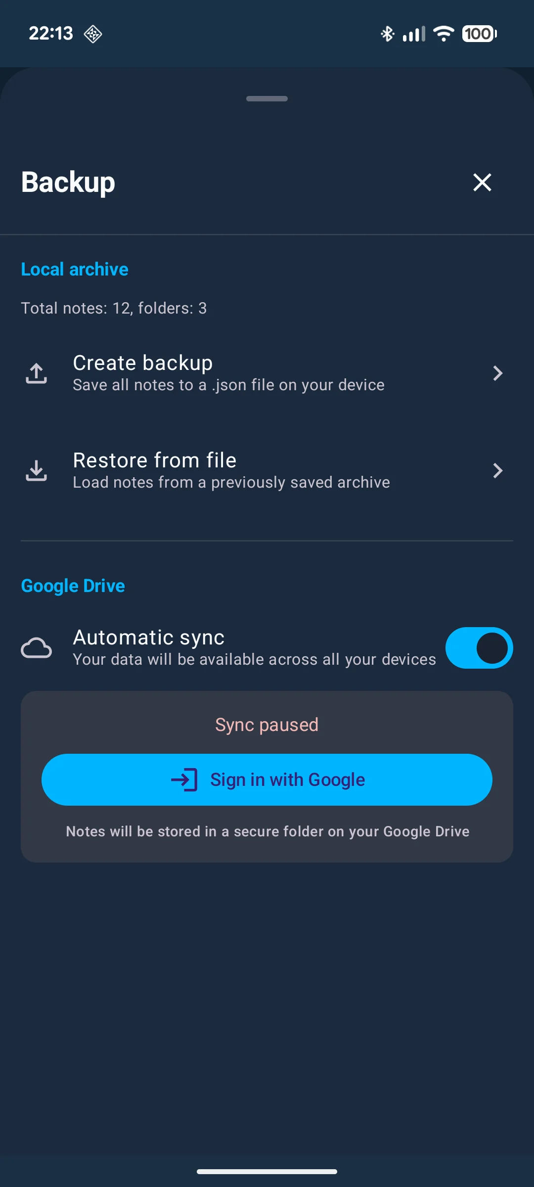 The Backup screen: save every note to a .json file on the device, restore from an archive, or switch on automatic Google Drive sync