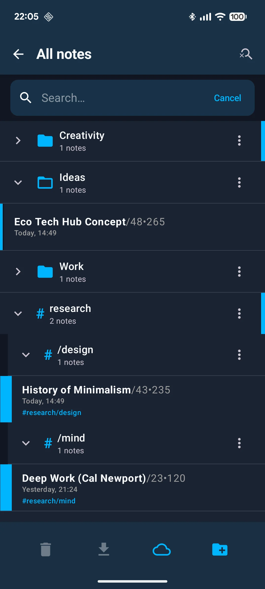 The All notes screen: search, the Creativity, Ideas and Work folders, and nested tags such as #research/design