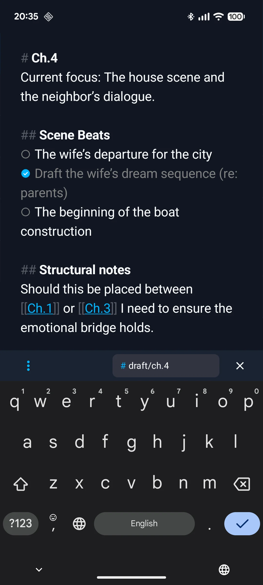 A note in Markdown: headings, a checklist with one item ticked, and [[Ch.1]] links to other notes