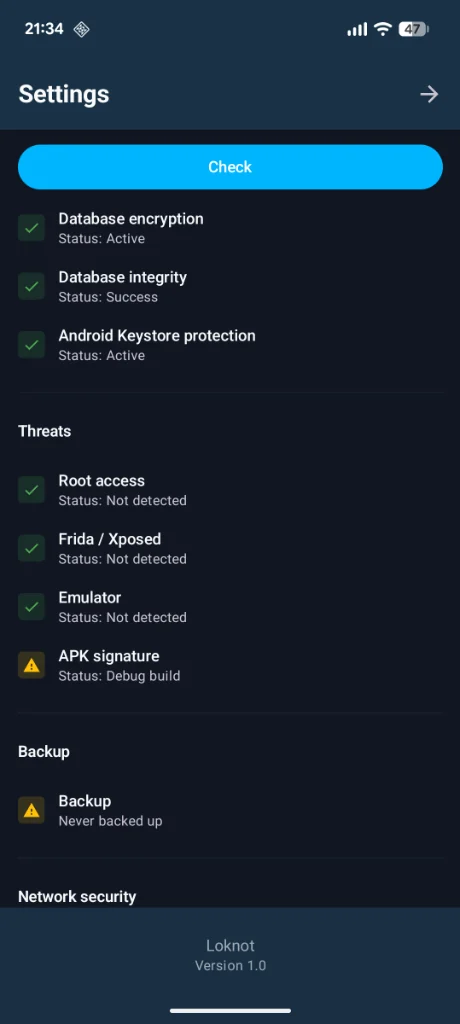 Loknot security check: database encryption active, integrity verified, Android Keystore protection on, and no root, Frida or emulator detected